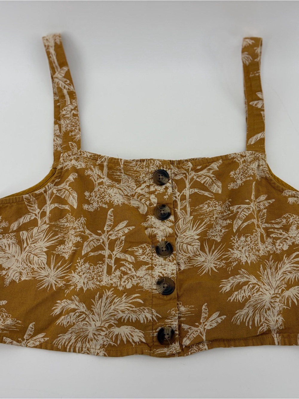 American Eagle Crop Top Yellow Tropical Linen Blend Button Front Boho, L S181